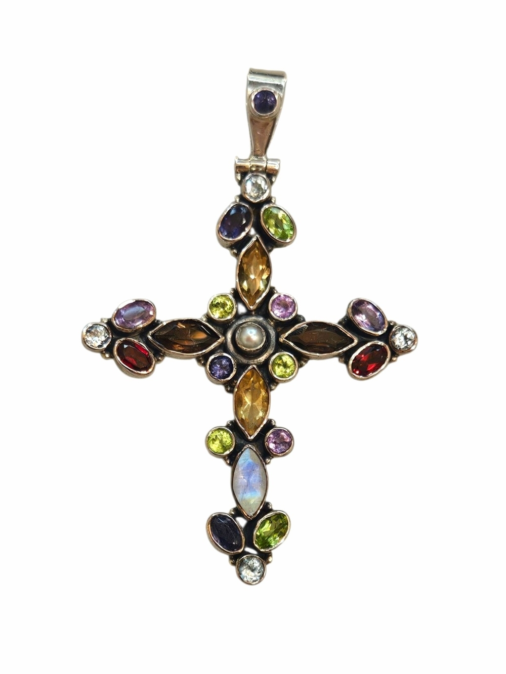 Large Multi Genuine Gemstone Cross Pendant 925 Sterling Silver